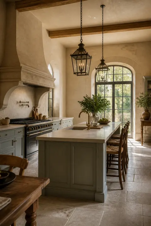Large Island Seating in French Limestone Kitchen