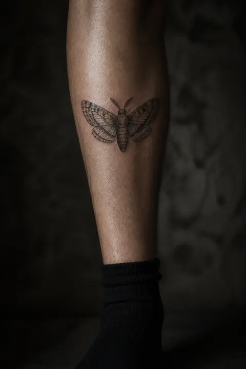 Engraved Moth Tattoo on the Shin