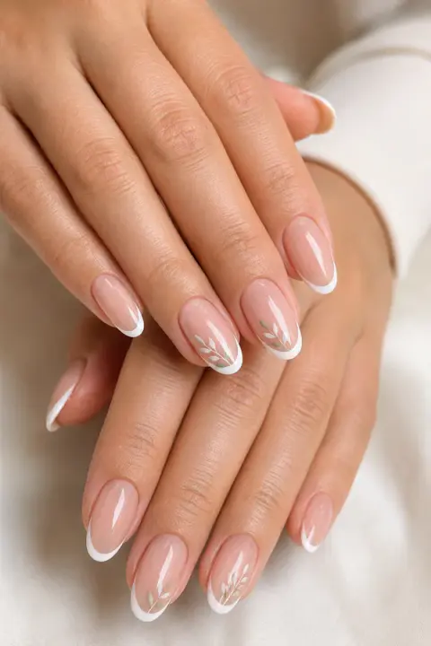 French Nails with White Leaf Detail