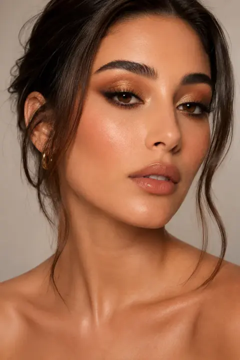 Bronze and Gold Eye Makeup with Glossy Lips