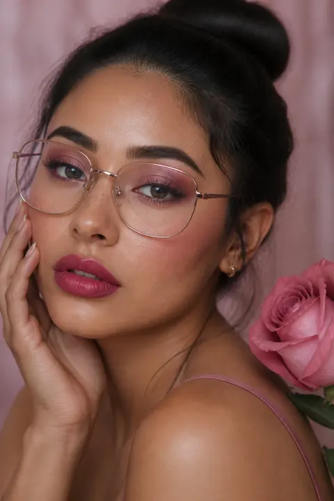 Rose Monochrome Makeup for Medium Skin and Glasses