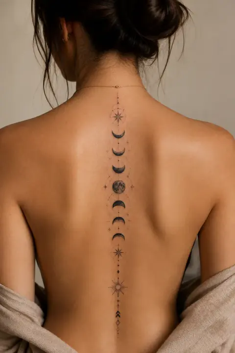 Celestial Sun and Moon Back Tattoo With Geometric Stars