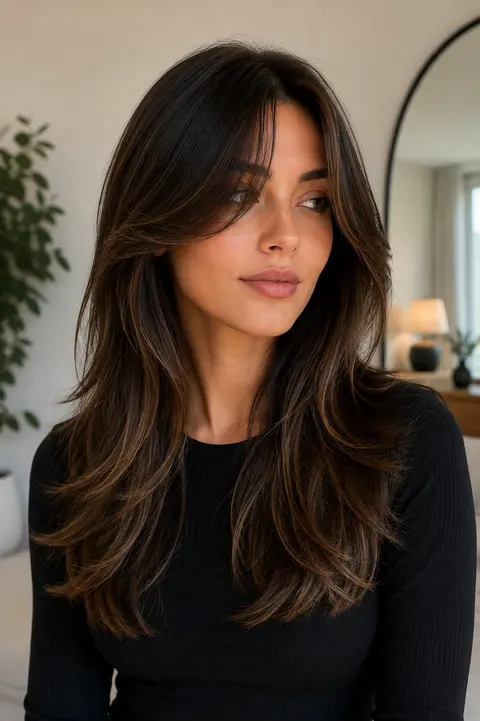 Brunette Curtain Bangs with Long Layered Ends