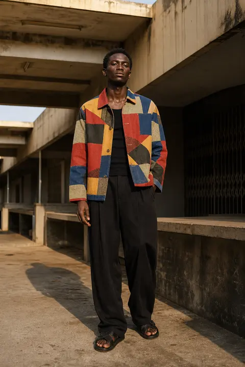 Patchwork Chore Jacket with Wide Black Trousers