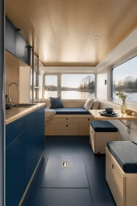 Scandinavian Houseboat Cabin with Blue Cabinetry