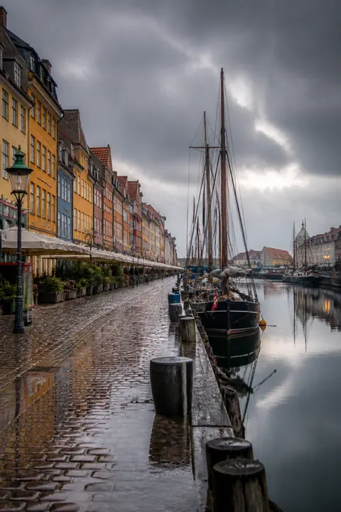 Rainy-Day View of Copenhagen Colorful Harbor