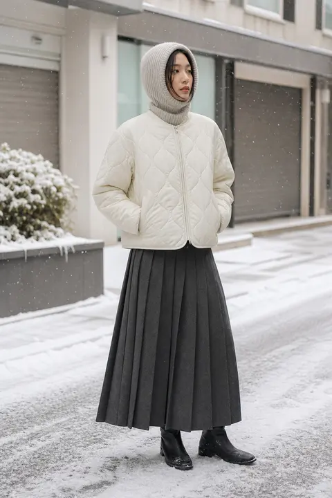 Cream Quilted Hoodie with a Pleated Midi Skirt