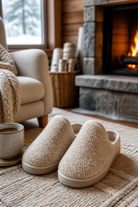 Cream Shearling Slippers by the Fireplace