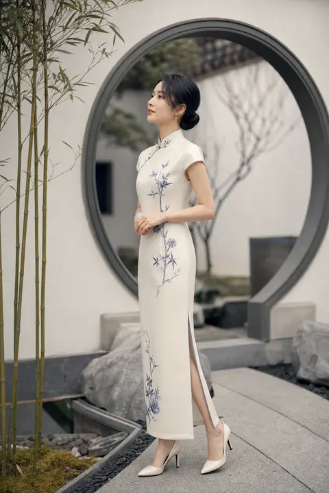 Ivory Qipao with Blue Floral Embroidery