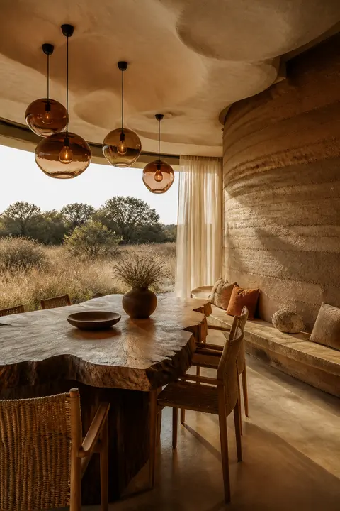 Organic Modern Dining Room with Rammed Earth Walls