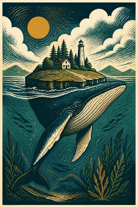 Linocut Print: Whale Carrying a Miniature Island