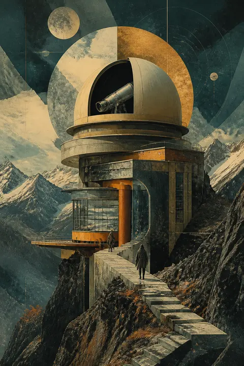 Digital Collage of Futuristic Mountain Observatory