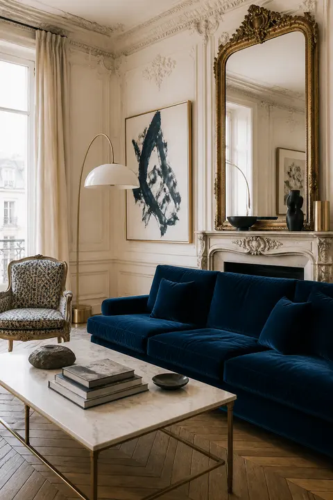 Parisian Salon with a Deep Blue Velvet Sofa