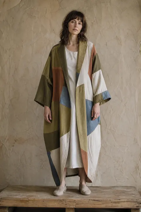 Earth-Tone Patchwork Kimono Coat