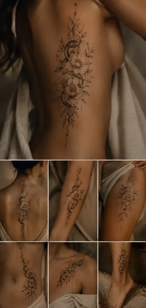 Snake & Peony Fine-Line Tattoo Design