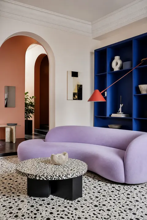 Lavender Sofa in a Memphis Revival Living Room