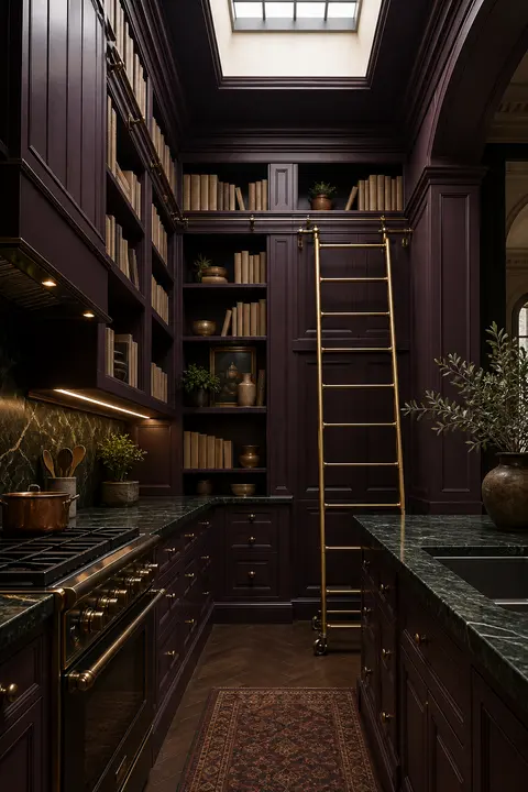 Plum Brownstone Kitchen with Library Shelves