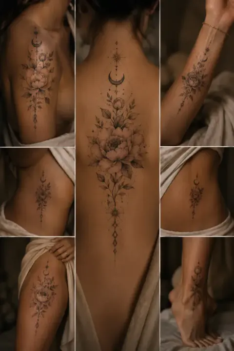 Moon & Peony Spine Tattoo Collection