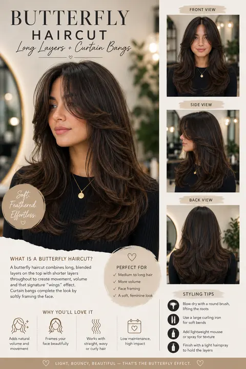 Long Butterfly Haircut with Curtain Bangs and Soft Layers