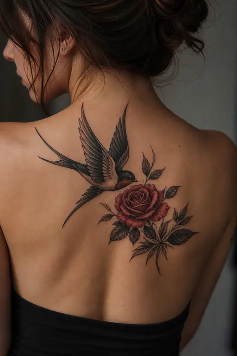 Upper Back Placement — Traditional Swallow and Rose Tattoo