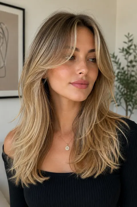Blonde Curtain Bangs with Long Feathered Layers