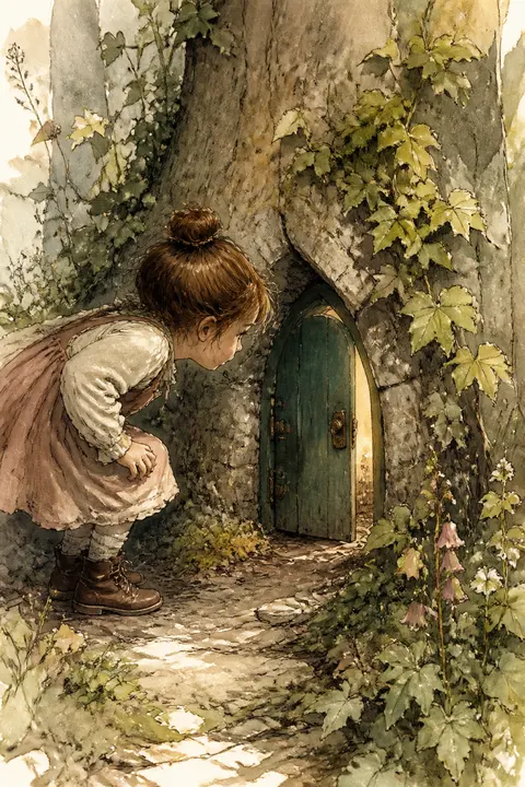 Ink and Watercolor: Child Discovering a Tiny Door