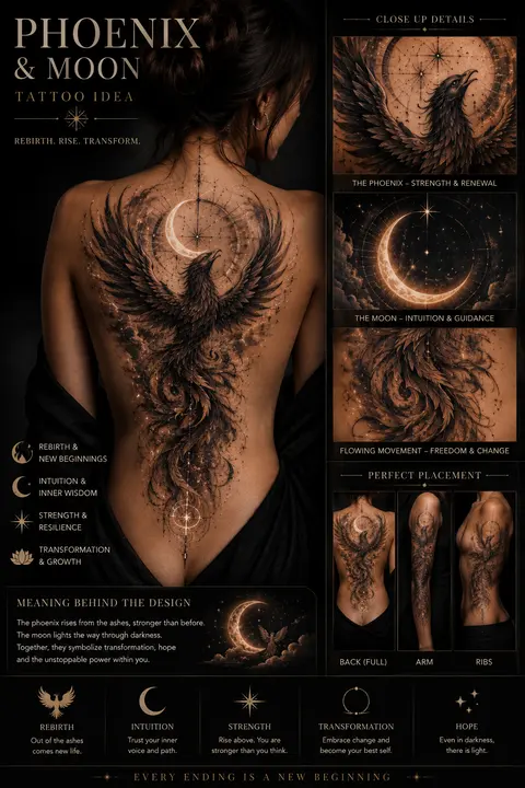 Cosmic Phoenix Back Tattoo with Crescent Moon