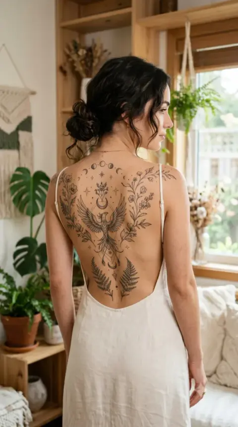 Phoenix & Moon Phases Back Tattoo