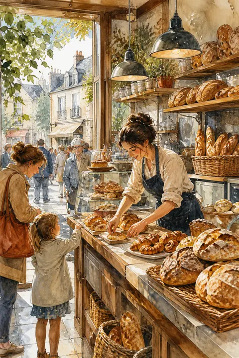 Ink and Watercolor: Busy Neighborhood Bakery Morning