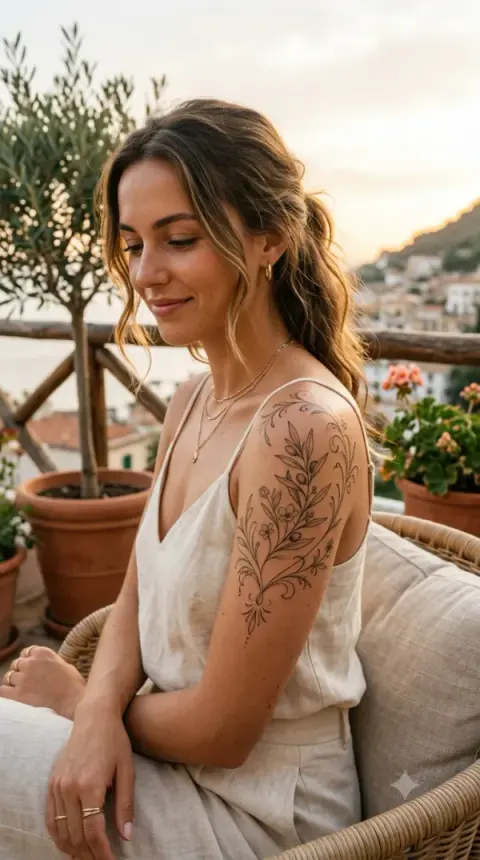 Fine-Line Floral Sleeve Tattoo Idea