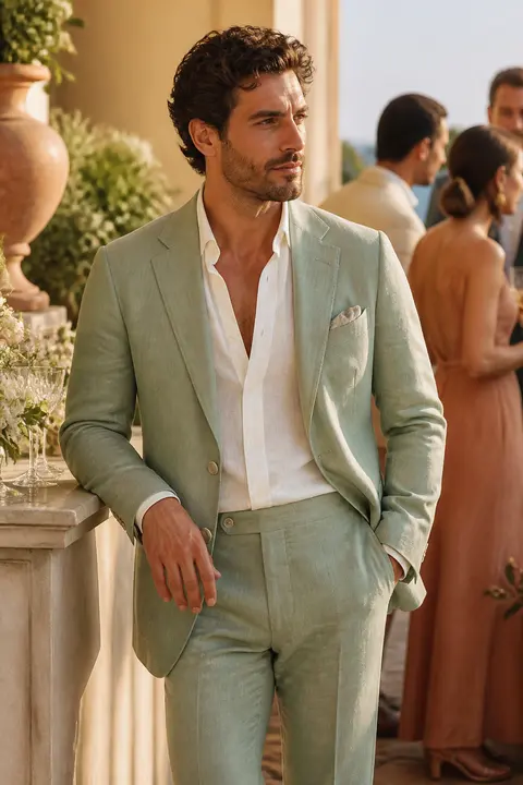 Pale Sage Linen Suit for a Summer Reception