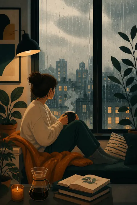 Quiet Rainy Apartment Window, Textured Flat Art