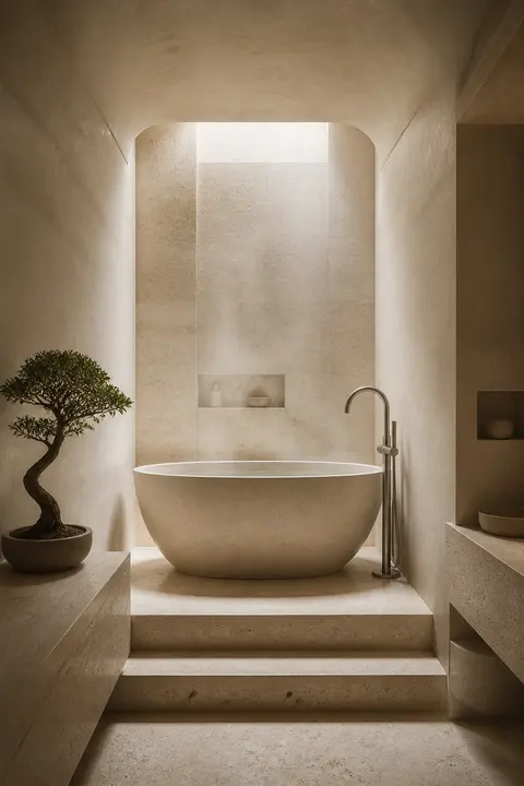 Minimal Limestone Bathroom with a Skylit Tub