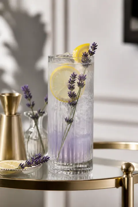 Lavender Lemon Collins on a Minimal Home Bar Cart