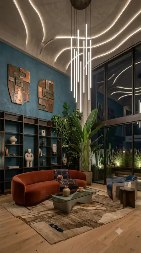 Teal And Rust Living Room With Wavy LED Ceiling