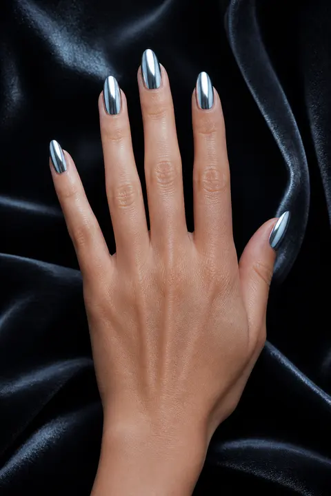 Liquid Silver Chrome Almond Nails