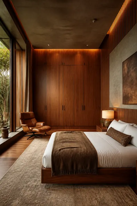 Mid-Century Walnut Bedroom: Wardrobe & Ambient Light