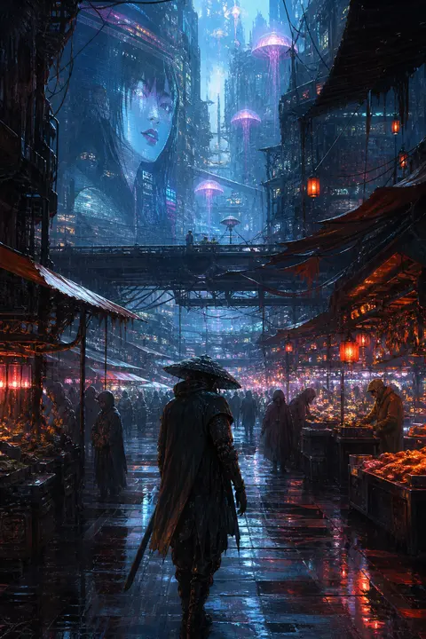 Painterly Concept Art: Cyberpunk Rainy Market