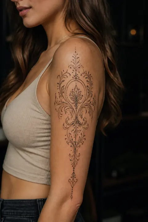 Upper Arm Ornamental Symmetrical Filigree Tattoo