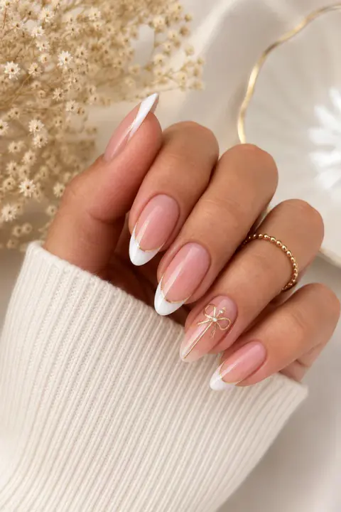 Gold Bow French Tip Nails