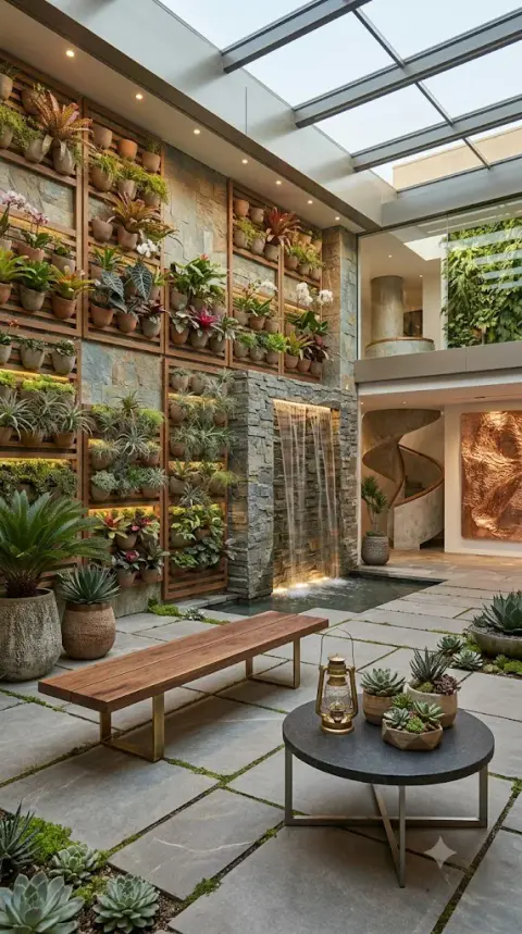 Indoor Courtyard With Living Wall and Stone Waterfall