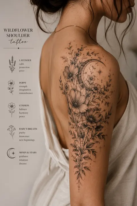 Wildflower Moon Shoulder Tattoo with Floral Meanings
