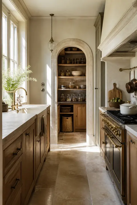 French Limestone Kitchen with Compact Galley and Pantry