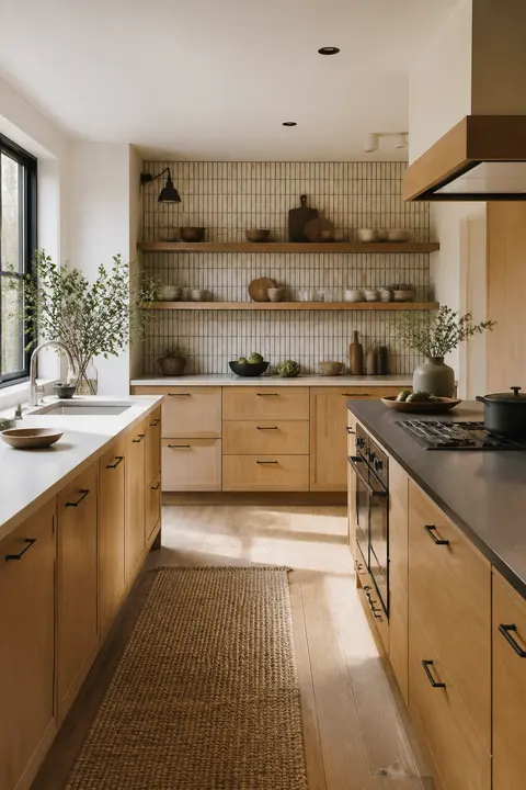 Oak Scandinavian Kitchen: Open Shelves & Backsplash