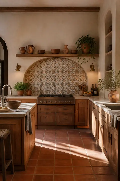 Mediterranean Terracotta Kitchen: Open Shelves & Backsplash