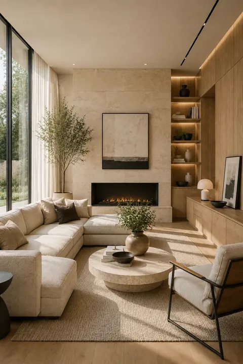 Modern Living Room with Limestone and Oak