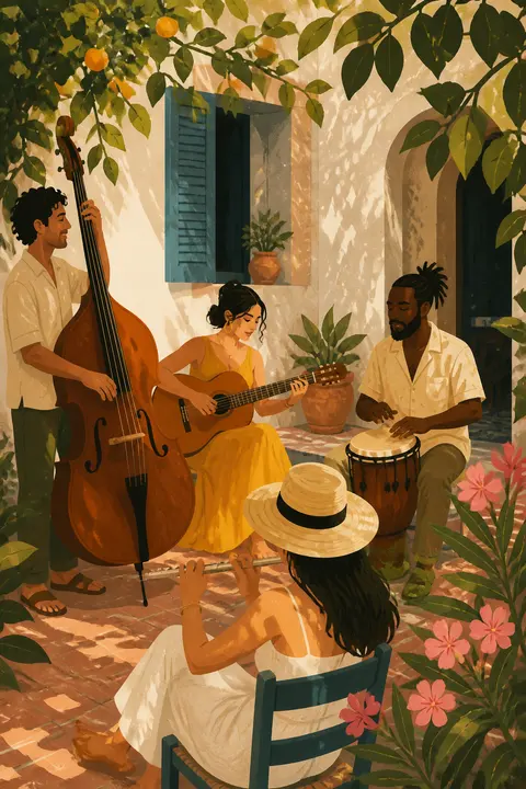 Musicians in a Summer Courtyard, Textured Flat Art