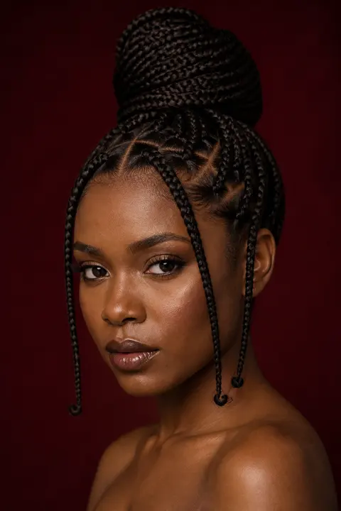 Box Braids Styled in a High Wrapped Bun