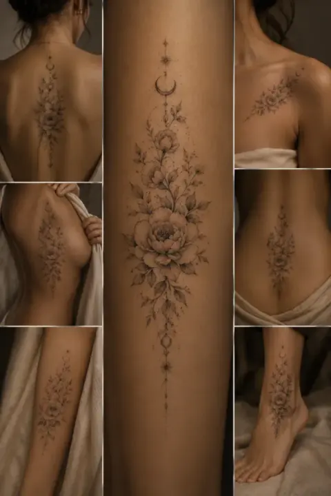 Vertical Peony Spine Tattoo Idea
