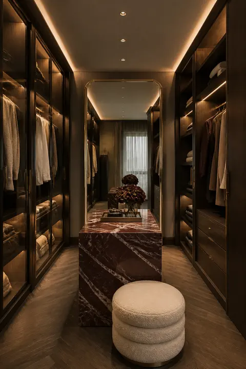 Dark Walk-In Closet with a Marble Island